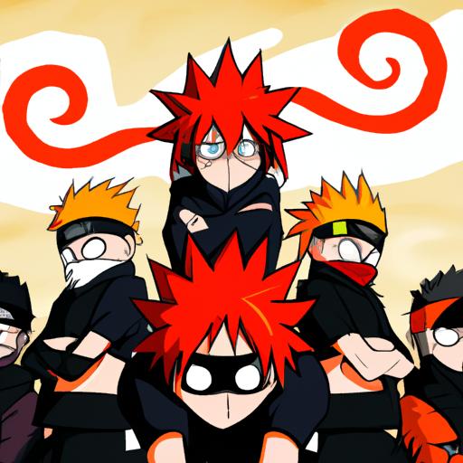 Nhóm các nhân vật Naruto đứng cùng nhau với Sharingan được kích hoạt